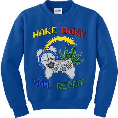 Wake Bake Game Repeat Weed Cannabis Smoker Gamer Gaming Gift Kids Sweatshirt