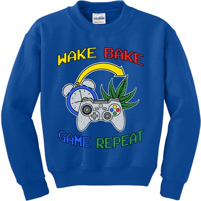 Wake Bake Game Repeat Weed Cannabis Smoker Gamer Gaming Gift Kids Sweatshirt