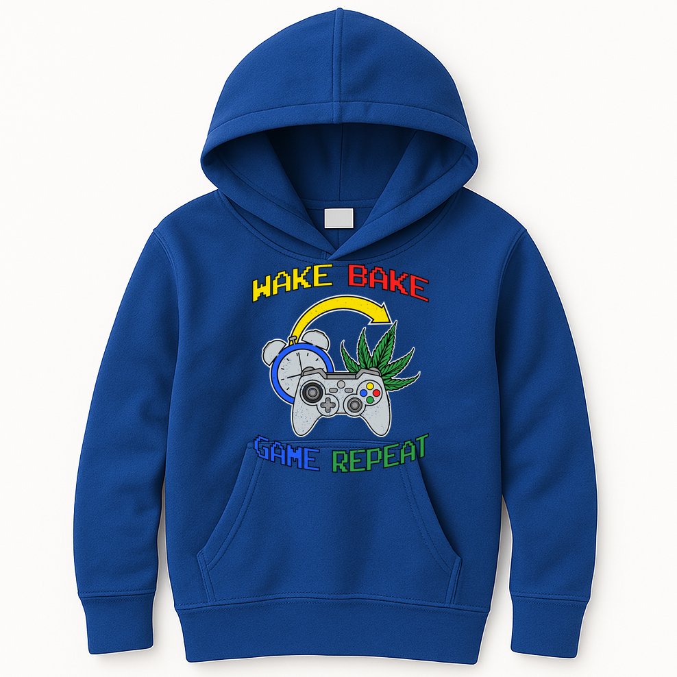 Wake Bake Game Repeat Weed Cannabis Smoker Gamer Gaming Gift Kids Hoodie