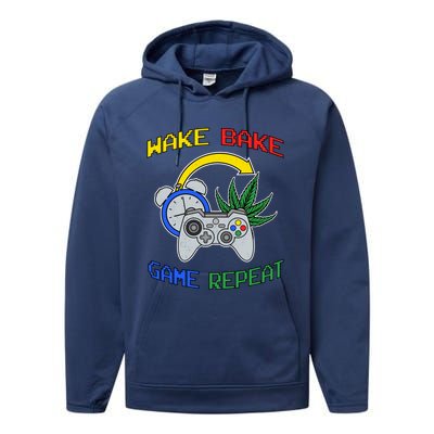 Wake Bake Game Repeat Weed Cannabis Smoker Gamer Gaming Gift Performance Fleece Hoodie