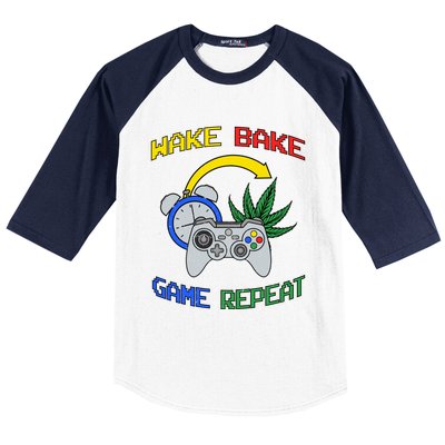 Wake Bake Game Repeat Weed Cannabis Smoker Gamer Gaming Gift Baseball Sleeve Shirt