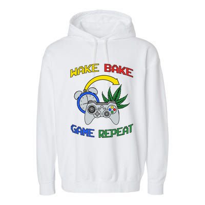 Wake Bake Game Repeat Weed Cannabis Smoker Gamer Gaming Gift Garment-Dyed Fleece Hoodie