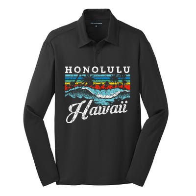 Waves Beach Honolulu Hawaiian Summer Surfing Retro Hawaii Silk Touch Performance Long Sleeve Polo