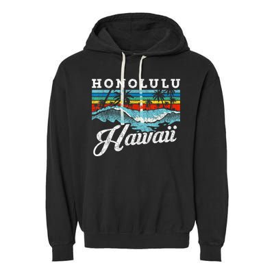 Waves Beach Honolulu Hawaiian Summer Surfing Retro Hawaii Garment-Dyed Fleece Hoodie