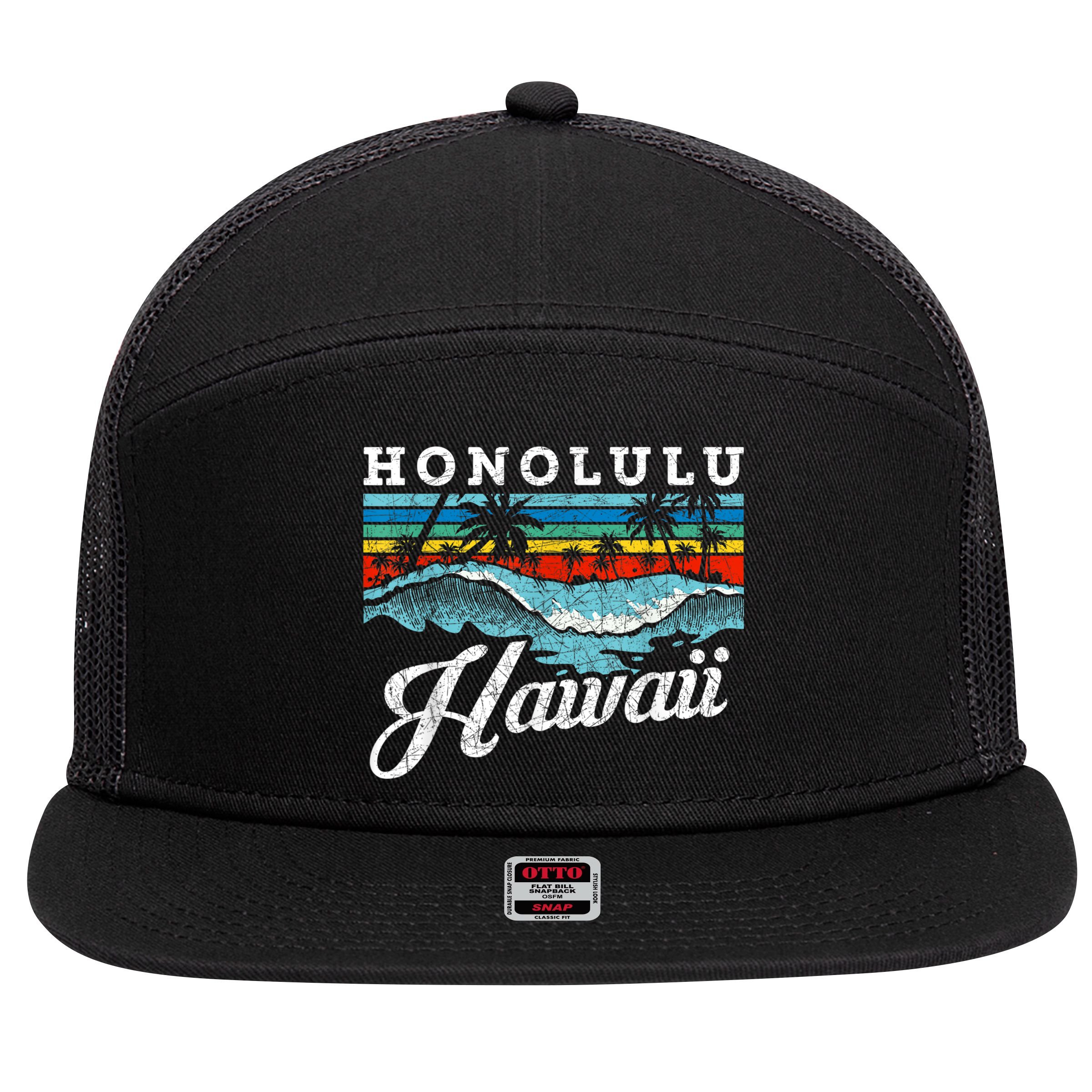 Waves Beach Honolulu Hawaiian Summer Surfing Retro Hawaii 7 Panel Mesh Trucker Snapback Hat
