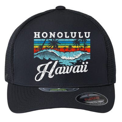 Waves Beach Honolulu Hawaiian Summer Surfing Retro Hawaii Flexfit Unipanel Trucker Cap