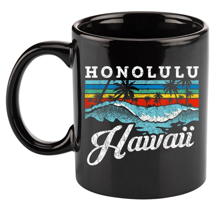 Waves Beach Honolulu Hawaiian Summer Surfing Retro Hawaii 11oz C Handle Ceramic Mug
