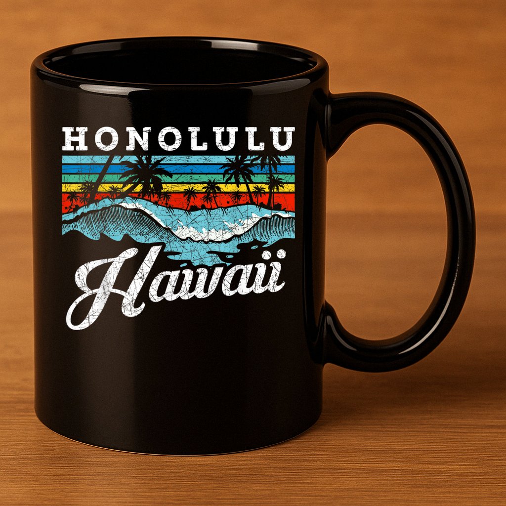 Waves Beach Honolulu Hawaiian Summer Surfing Retro Hawaii 11oz C Handle Ceramic Mug