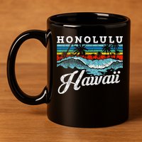 Waves Beach Honolulu Hawaiian Summer Surfing Retro Hawaii 11oz C Handle Ceramic Mug