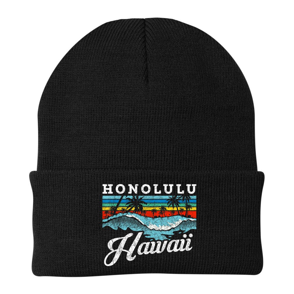 Waves Beach Honolulu Hawaiian Summer Surfing Retro Hawaii Beanie