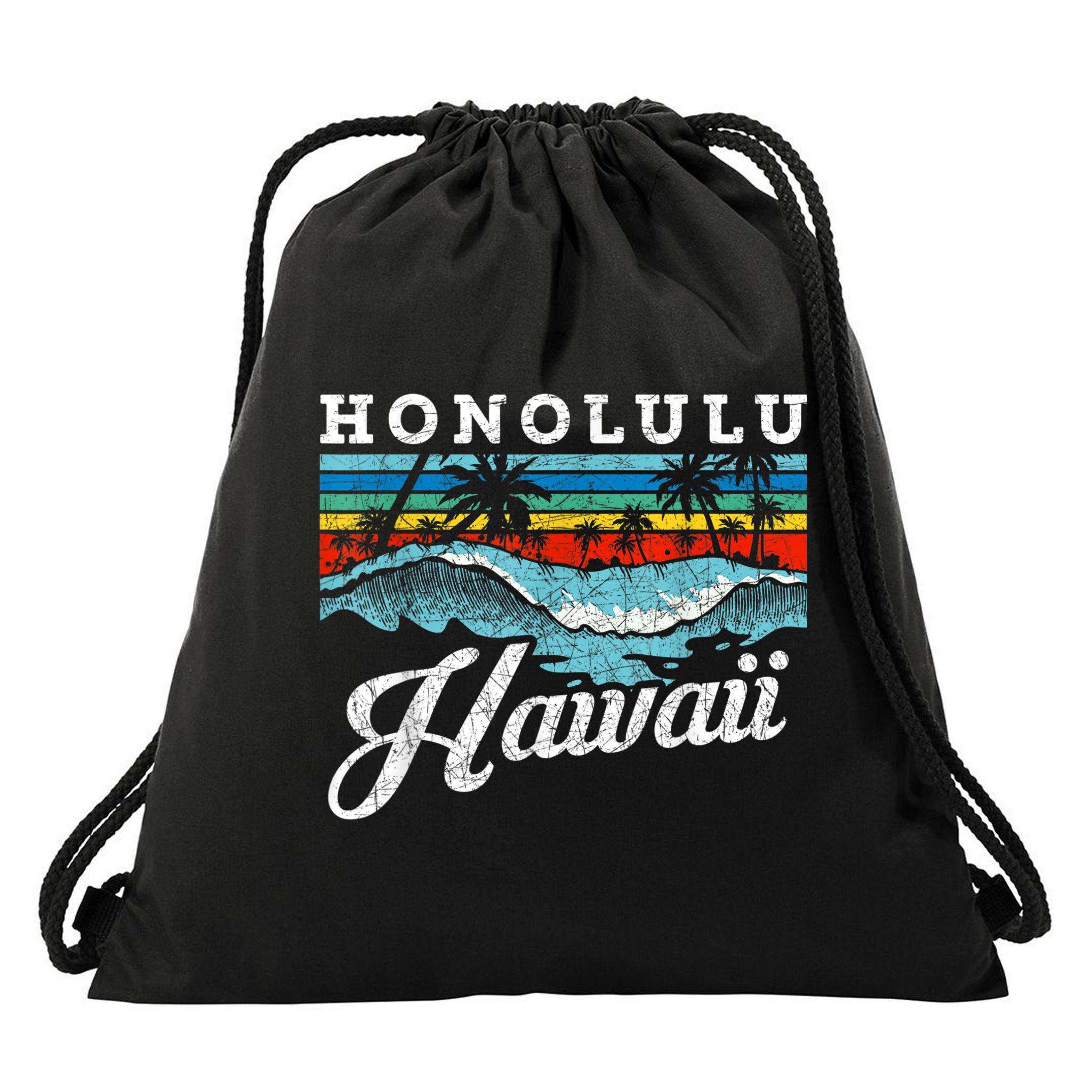 Waves Beach Honolulu Hawaiian Summer Surfing Retro Hawaii Drawstring Bag