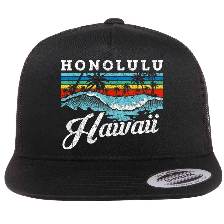 Waves Beach Honolulu Hawaiian Summer Surfing Retro Hawaii Flat Bill Trucker Hat