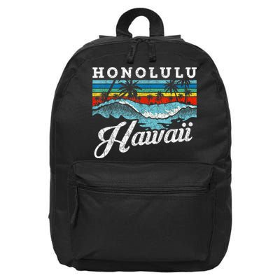 Waves Beach Honolulu Hawaiian Summer Surfing Retro Hawaii 16 in Basic Backpack