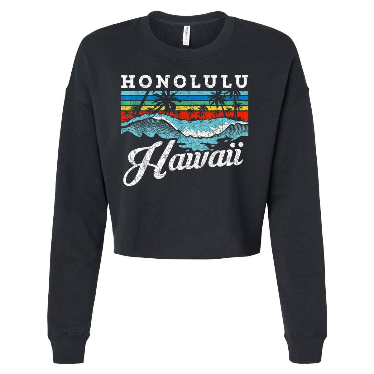 Waves Beach Honolulu Hawaiian Summer Surfing Retro Hawaii Cropped Pullover Crew