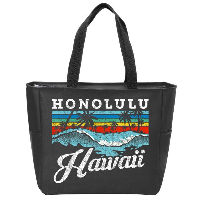 Waves Beach Honolulu Hawaiian Summer Surfing Retro Hawaii Zip Tote Bag