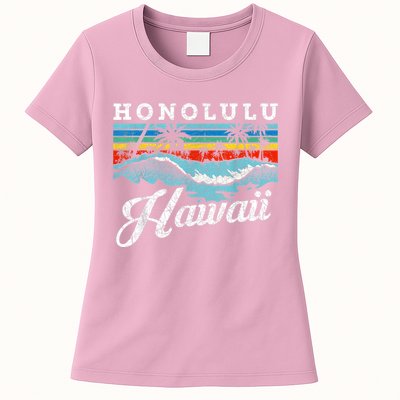 Waves Beach Honolulu Hawaiian Summer Surfing Retro Hawaii Womens T-Shirt