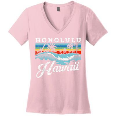 Waves Beach Honolulu Hawaiian Summer Surfing Retro Hawaii Women's V-Neck T-Shirt