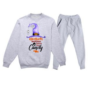 Witch Better Have My Candy Purple Hat With Spider Halloween Gift Premium Crewneck Sweatsuit Set