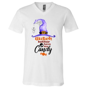 Witch Better Have My Candy Purple Hat With Spider Halloween Gift V-Neck T-Shirt