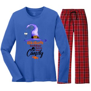 Witch Better Have My Candy Purple Hat With Spider Halloween Gift Women's Long Sleeve Flannel Pajama Set 