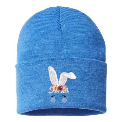 Watercolor Bunny Head With Flowers Cute Rabbit Easter Mom Gift Sustainable Knit Beanie