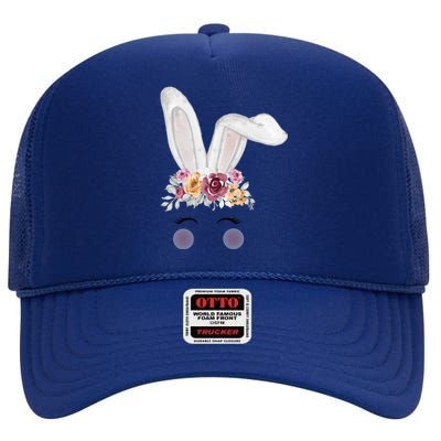 Watercolor Bunny Head With Flowers Cute Rabbit Easter Mom Gift High Crown Mesh Back Trucker Hat