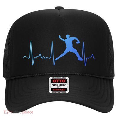 White Baseball Heartbeat Pitcher Gift Baseball Pulse High Crown Mesh Back Trucker Hat