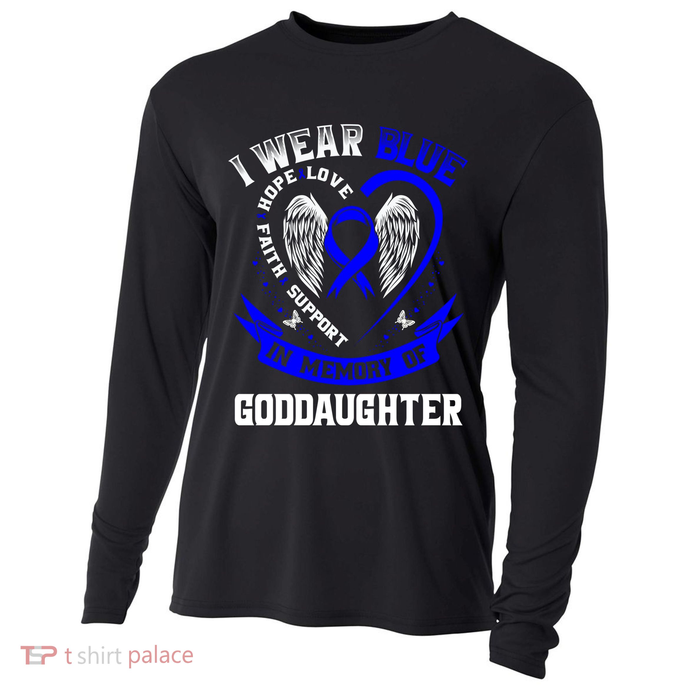 Wear Blue In Memory Of My Goddaughter Colon Cancer Awareness Meaningful Gift Cooling Performance Long Sleeve Crew