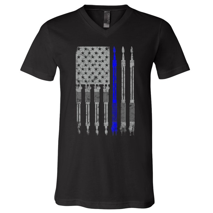 Welder Blue Line American Flag USA Patriotic Welder V-Neck T-Shirt