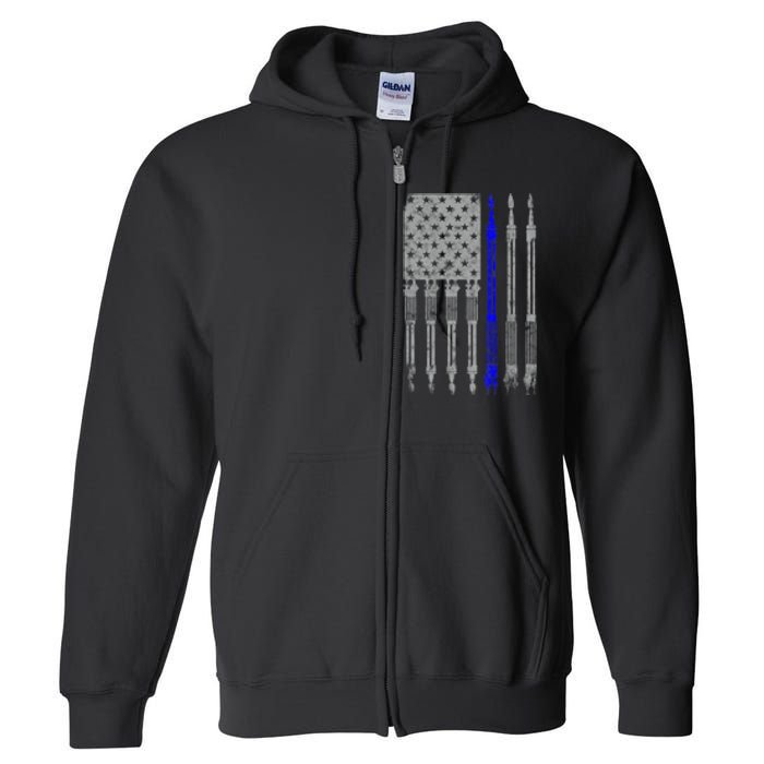 Welder Blue Line American Flag USA Patriotic Welder Full Zip Hoodie