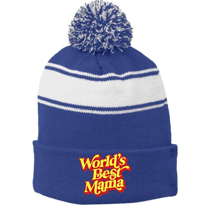 World's Best Mama! Vintage 70's / 80's Retro Font Style Gift Stripe Pom Pom Beanie