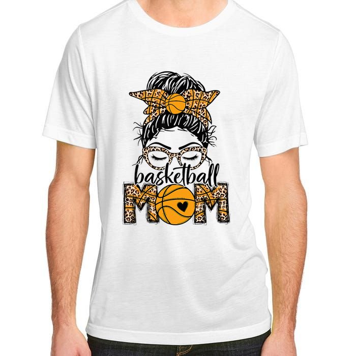 Women Basketball Mom Game Day Messy Bun Leopard Bleached Adult ChromaSoft Performance T-Shirt