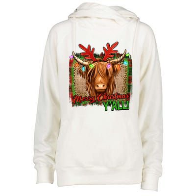 Western Boho Merry Christmas YAll Highland Hairy Heifer Cow Gift Womens Funnel Neck Pullover Hood