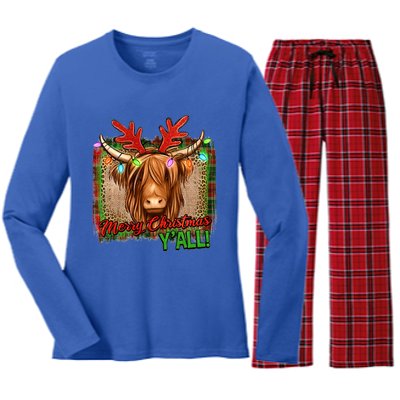 Western Boho Merry Christmas YAll Highland Hairy Heifer Cow Gift Women's Long Sleeve Flannel Pajama Set 