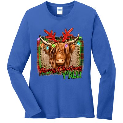 Western Boho Merry Christmas YAll Highland Hairy Heifer Cow Gift Ladies Long Sleeve Shirt