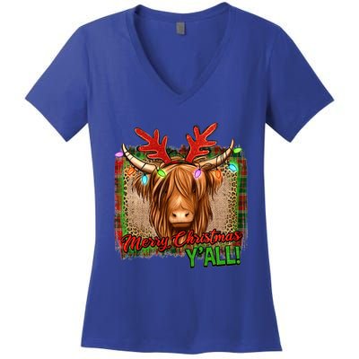 Western Boho Merry Christmas YAll Highland Hairy Heifer Cow Gift Women's V-Neck T-Shirt