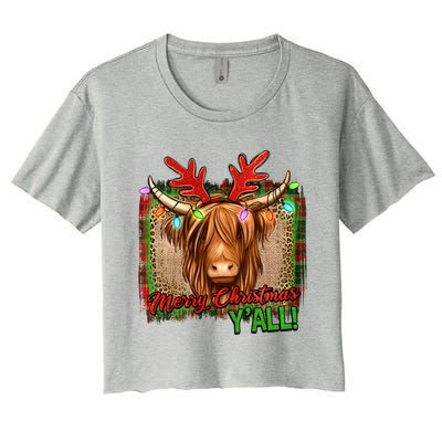 Western Boho Merry Christmas YAll Highland Hairy Heifer Cow Gift Women's Crop Top Tee