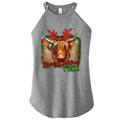 Western Boho Merry Christmas YAll Highland Hairy Heifer Cow Gift Women’s Perfect Tri Rocker Tank