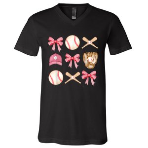 Women Baseball Mom Coquette Mothers Day Baseball Mama Gift V-Neck T-Shirt