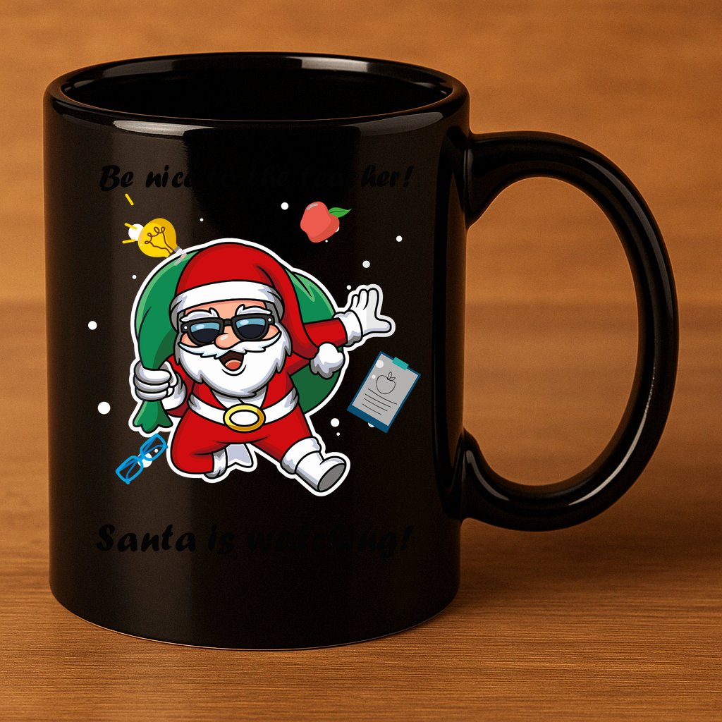 Wo Be Nice To The Teacher. Santa Is Watching! A Fun Christmas 11oz C Handle Ceramic Mug