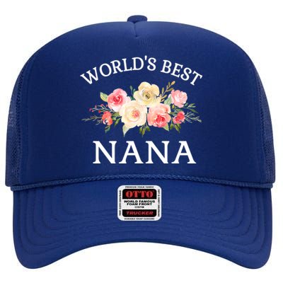 World's Best Nana Pink Watercolor Flower Bouquet Gift High Crown Mesh Back Trucker Hat