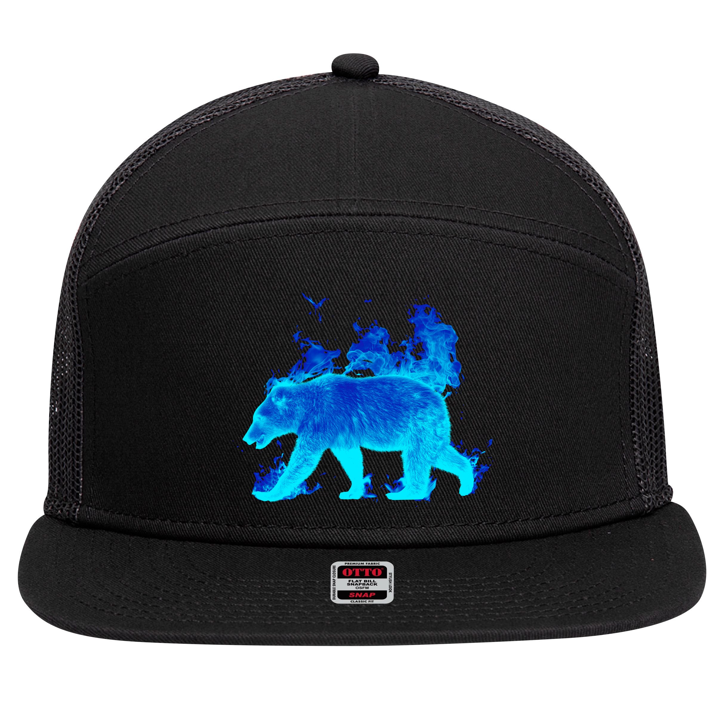 Wild Bear On Fire 7 Panel Mesh Trucker Snapback Hat
