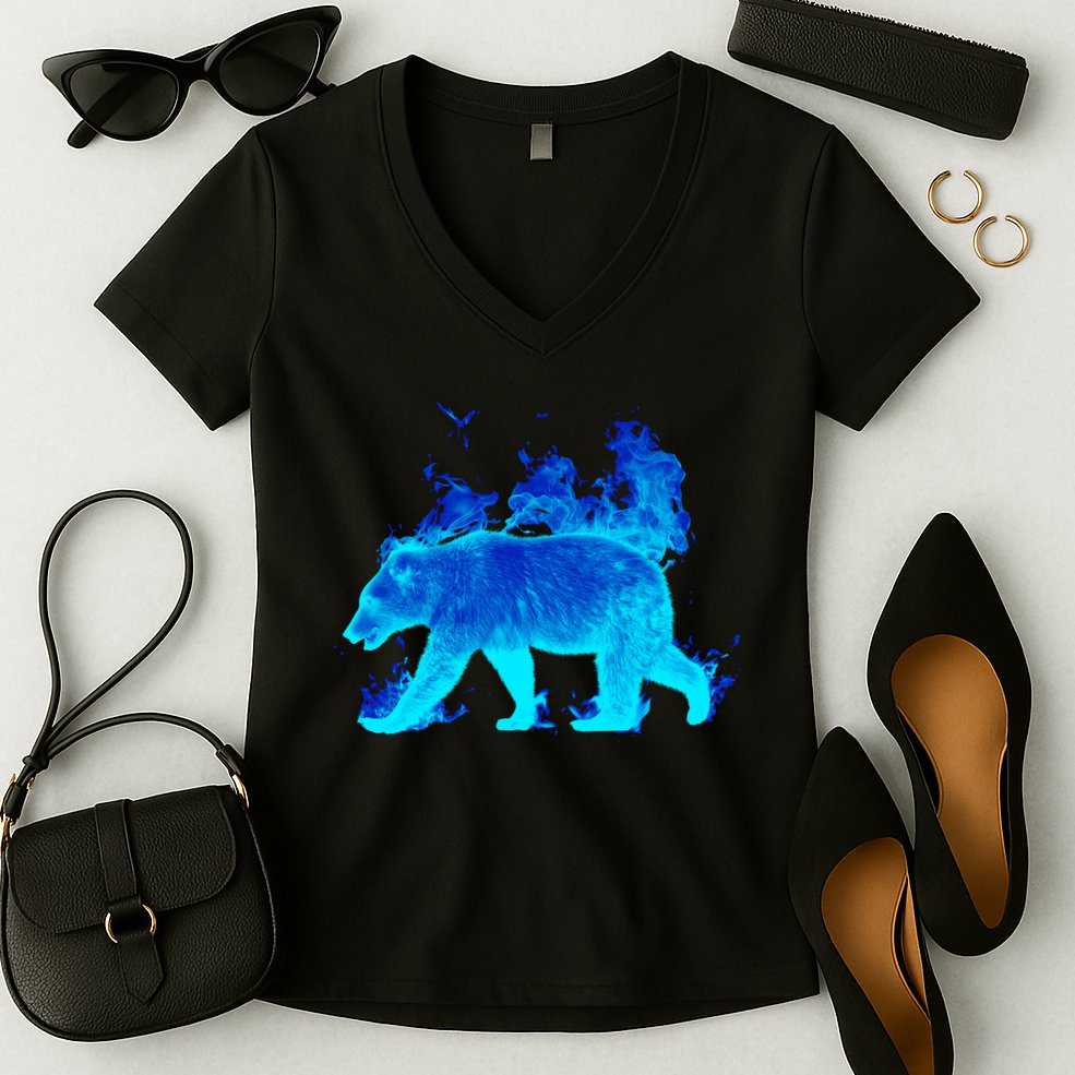 Wild Bear On Fire Women's V-Neck T-Shirt