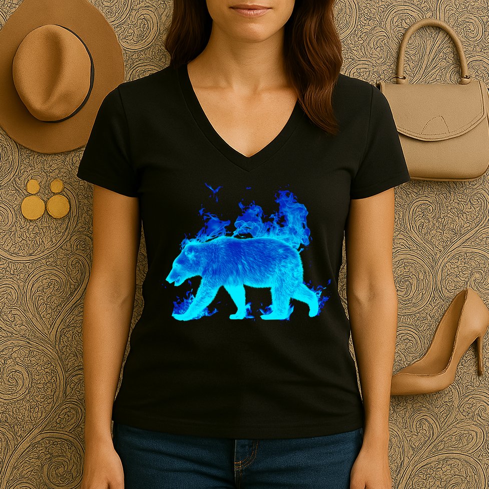 Wild Bear On Fire Women's V-Neck T-Shirt