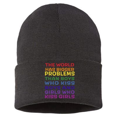 World Bigger Problems Boys Girls Kiss In Rainbow Flag Pride Sustainable Knit Beanie
