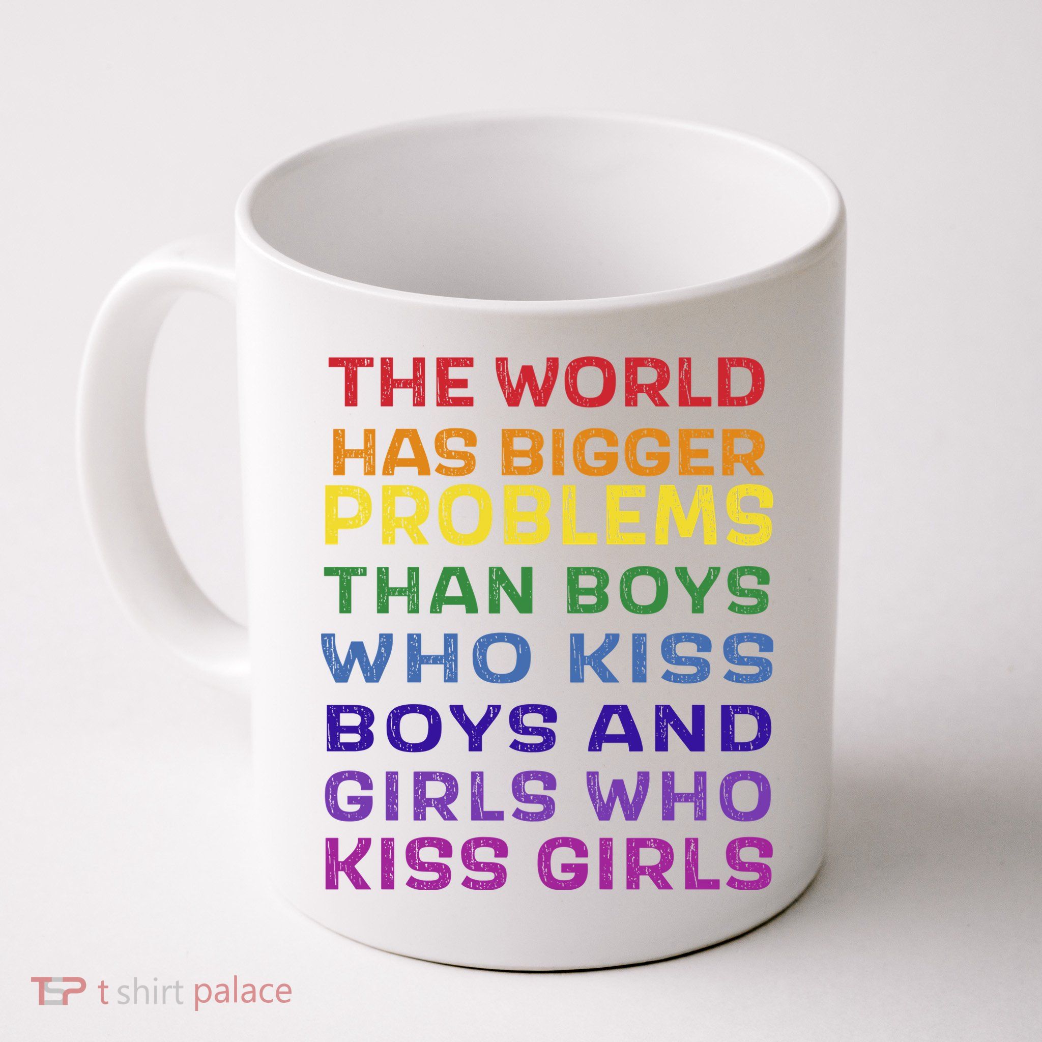 World Bigger Problems Boys Girls Kiss In Rainbow Flag Pride Coffee Mug