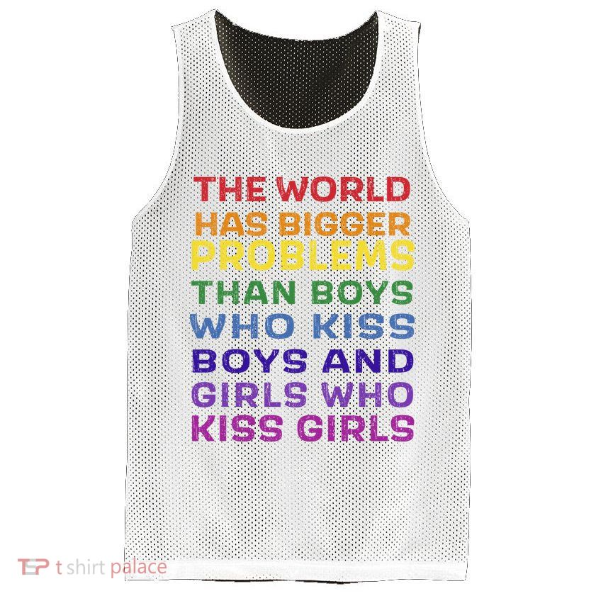 World Bigger Problems Boys Girls Kiss In Rainbow Flag Pride Mesh Reversible Basketball Jersey Tank