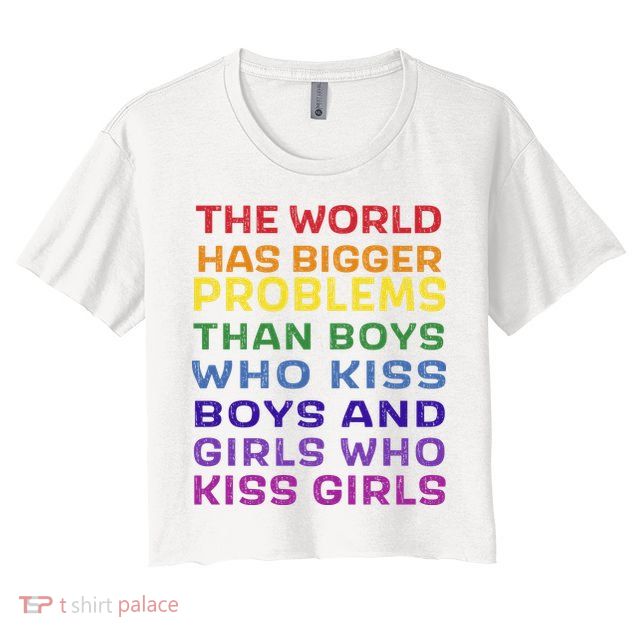 World Bigger Problems Boys Girls Kiss In Rainbow Flag Pride Crop Top