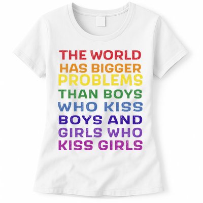 World Bigger Problems Boys Girls Kiss In Rainbow Flag Pride Womens T-Shirt