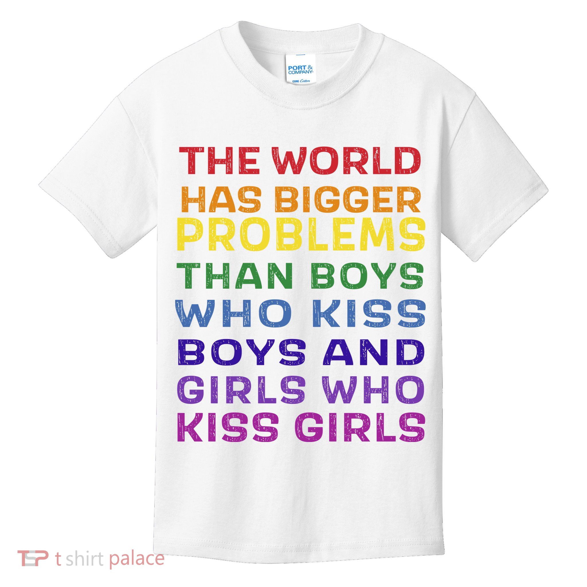 World Bigger Problems Boys Girls Kiss In Rainbow Flag Pride Kids T-Shirt